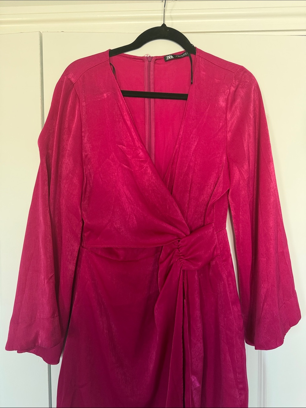 Zara Hot Pink Long Sleeve Wrap Dress with Side Tie